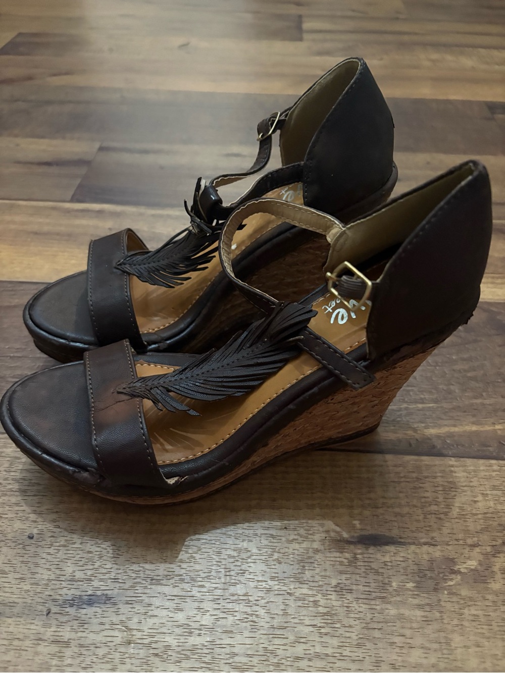Brown Faux Leather Strappy Feather Accent Cork Wedge Sandals